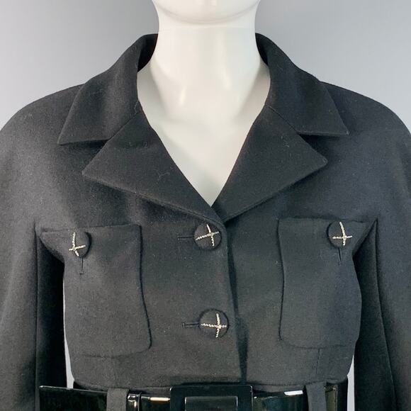 CHANEL Vintage AW07 Size 4 Black Wool Patent Leather 3/4 Sleeves Belted Coat - Picture 3 of 10
